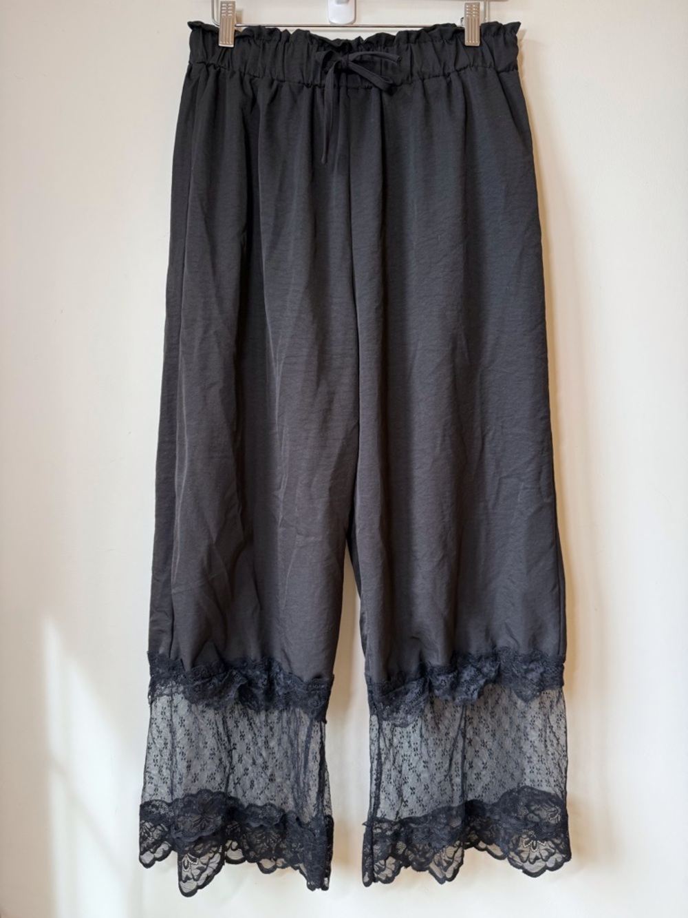 Pantaloons or bloomers, black elastic waist with drawstring lace trim bottom hem